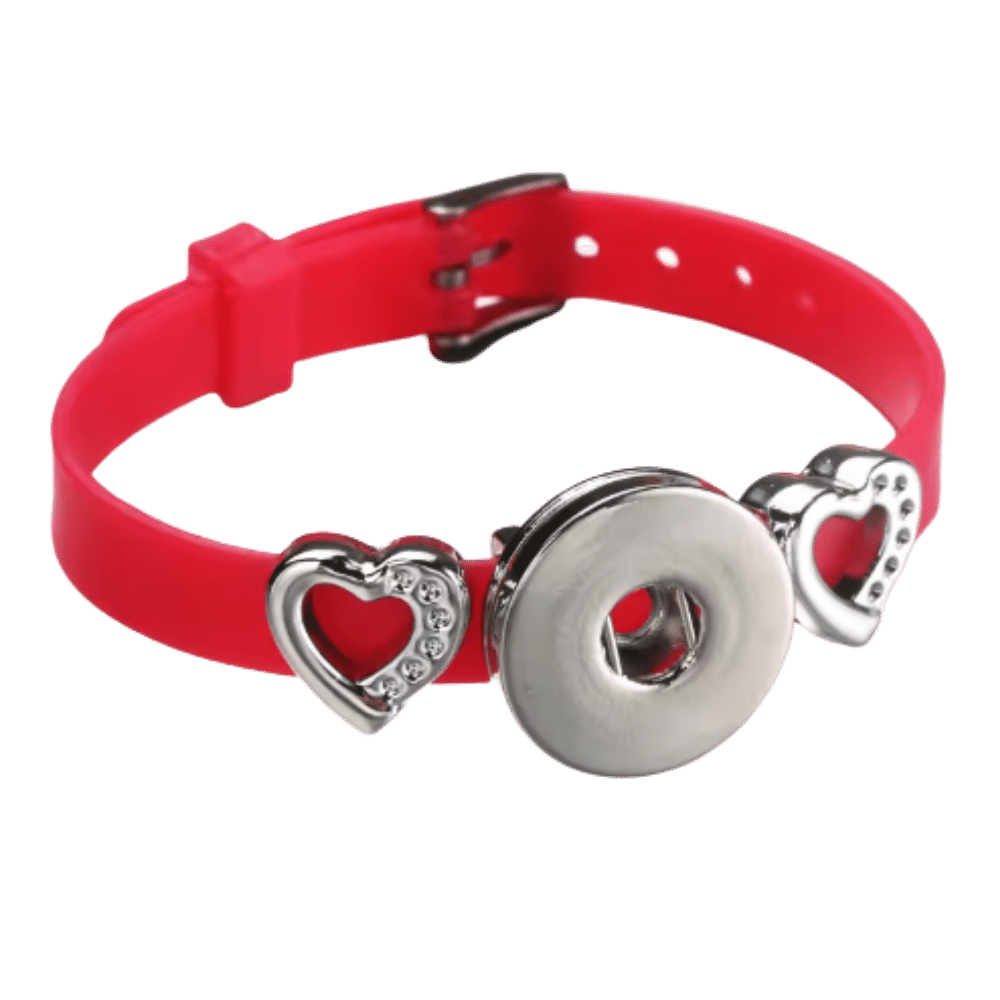 AB1410 Red Silicone Snap Bracelet with Rhinestone Hearts - Image 1