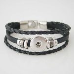Black Braided Leather Snap Bracelet with Silver Accents