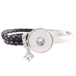 Black Braided Snap Bracelet with Silver Bangle and Crystal Charm
