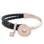 Rose Gold & Black Braided Leather Snap Bracelet with Crystal Charm
