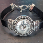 Black Leather Snap Bracelet with Antique Silver Scroll Frame