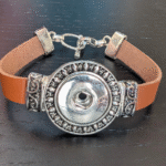 Tan Leather Snap Bracelet with Ornate Scrollwork Frame