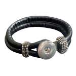 Black Leather Snap Bracelet with Textured Silver Accents